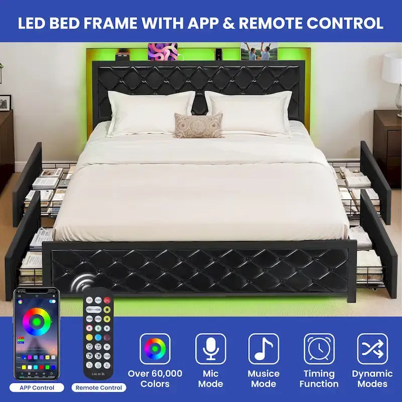 Moasis Letto Matrimoniale Queen Size con Struttura in PU e LED, Imbottito, con Piattaforma