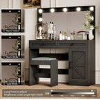 Roomfitters Toilette da Trucco Rustica con Luci, Scrivania con Specchio Illuminato e Anta a Scorrimento, Tavolo da Trucco con 2 Cassetti