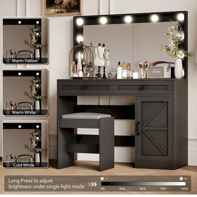 Roomfitters Toilette da Trucco Rustica con Luci, Scrivania con Specchio Illuminato e Anta a Scorrimento, Tavolo da Trucco con 2 Cassetti