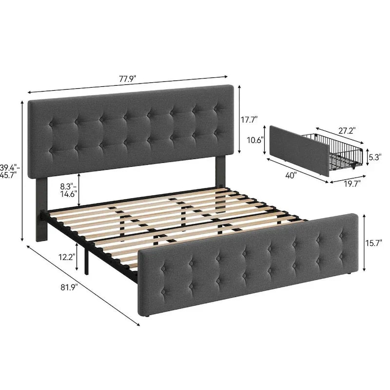 Struttura letto king-size con 4 cassetti contenitore e testiera