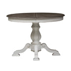 Tavolo da pranzo rotondo Magnolia Manor con base a piedistallo e prolunghe – 2 finiture
