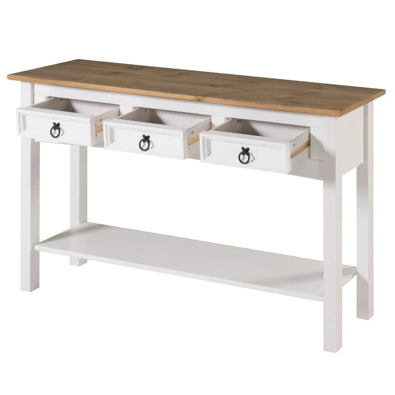 Tavolo Consolle Rustico in Pino Massiccio per Ingresso, Bianco Decapato / Marrone Antico / Grigio Decapato / Non Verniciato, 3 Cassetti