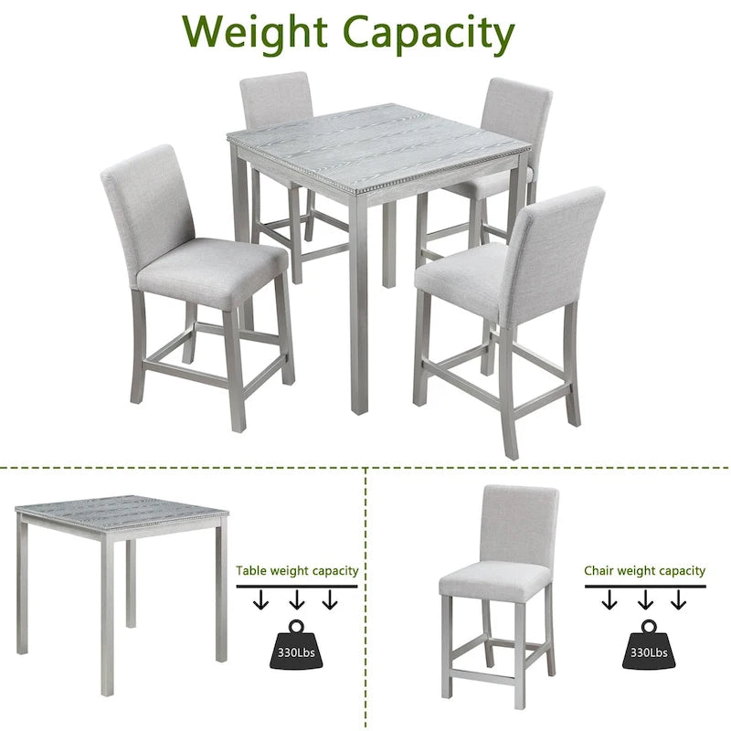 Set da pranzo moderno di 5 pezzi con tavolo quadrato ad altezza bancone e 4 sedie imbottite