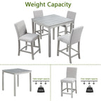 Set da pranzo moderno di 5 pezzi con tavolo quadrato ad altezza bancone e 4 sedie imbottite