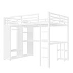 Queen Loft Bed - Built-in Wardrobe & Desk, Metal Frame with Shelves
