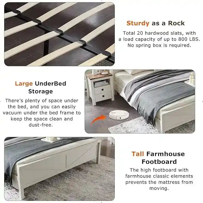 Struttura Letto Matrimoniale Queen Size Stile Rustico con Ripiani Contenitori e Stazione di Ricarica