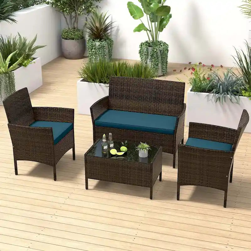 Costway Set di 4 Mobili da Giardino con Cuscini Lavabili e Vetro Temperato - Vedi Dettagli