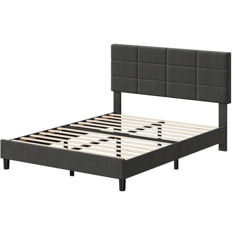 Struttura letto imbottita in lino con supporto a doghe in legno