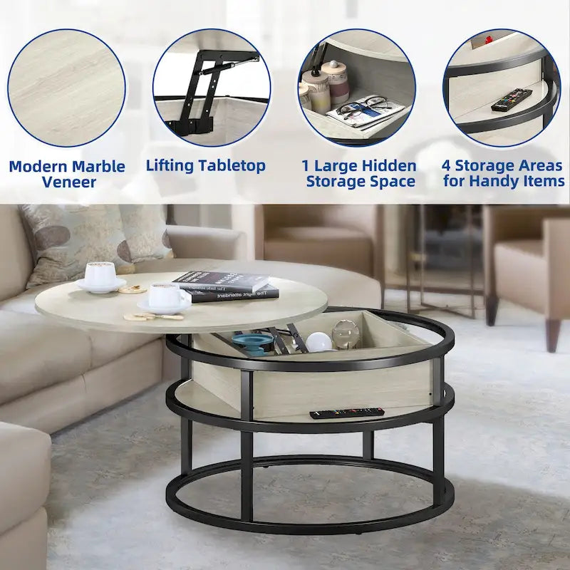 Moasis Farmhouse Lift Top Round Coffee Table with Hidden Storage and Shelf