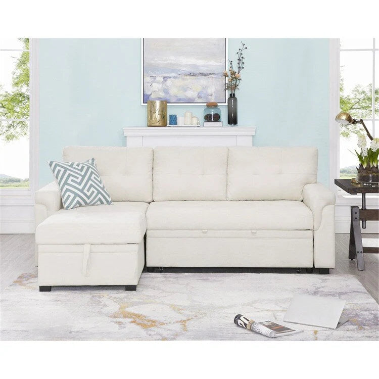 Divano componibile convertibile reversibile con letto estraibile, chaise longue con contenitore nascosto e gambe durevoli