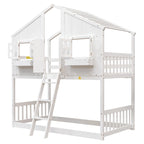 Letto a castello a casetta singolo su singolo con tetto, finestra, fioriera, porta, con sponde di sicurezza e scaletta, Grigio