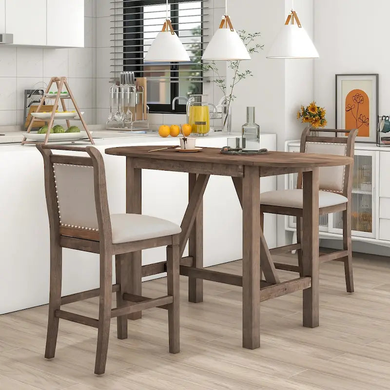 Set da 3 Pezzi Tavolo da Pranzo a Foglia Cadente a Altezza Bancone in Legno