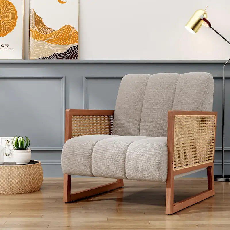 Poltroncine in Rattan, Sedia in Rattan Naturale Imbottita Poltrona in Lino Mid-Century Modern Side Chair per Soggiorno Camera da Letto
