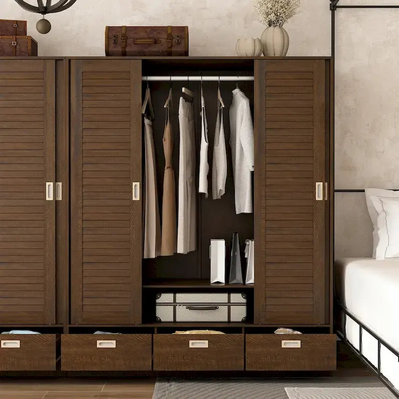 Brown Wardrobe Armoire with Drawers, Hanging Rod 4 Sliding Doors