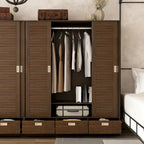 Brown Wardrobe Armoire with Drawers, Hanging Rod 4 Sliding Doors