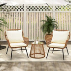 Set da Bistrot da Esterno in Rattan da 3 Pezzi, Set di Mobili da Giardino con Tavolo in Vetro e 2 Ampie Poltrone, Cuscini Inclusi