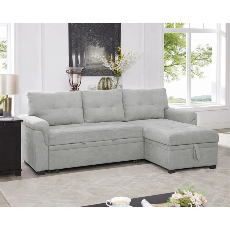 Divano componibile convertibile reversibile con letto estraibile, chaise longue con contenitore nascosto e gambe durevoli