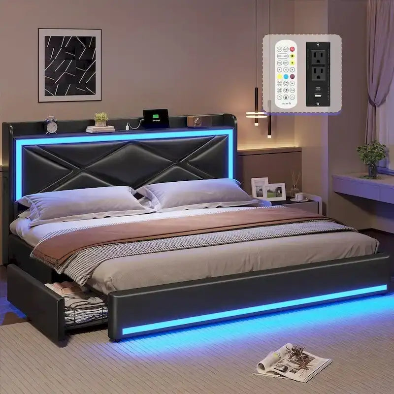 Struttura letto con luci LED per testiera e stazione di ricarica USB-C/A, 4 cassetti
